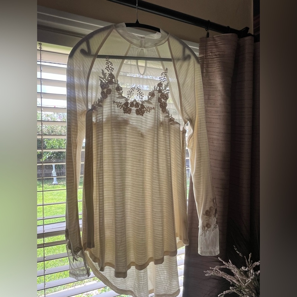 Free People Cream Sheer Floral Blouse